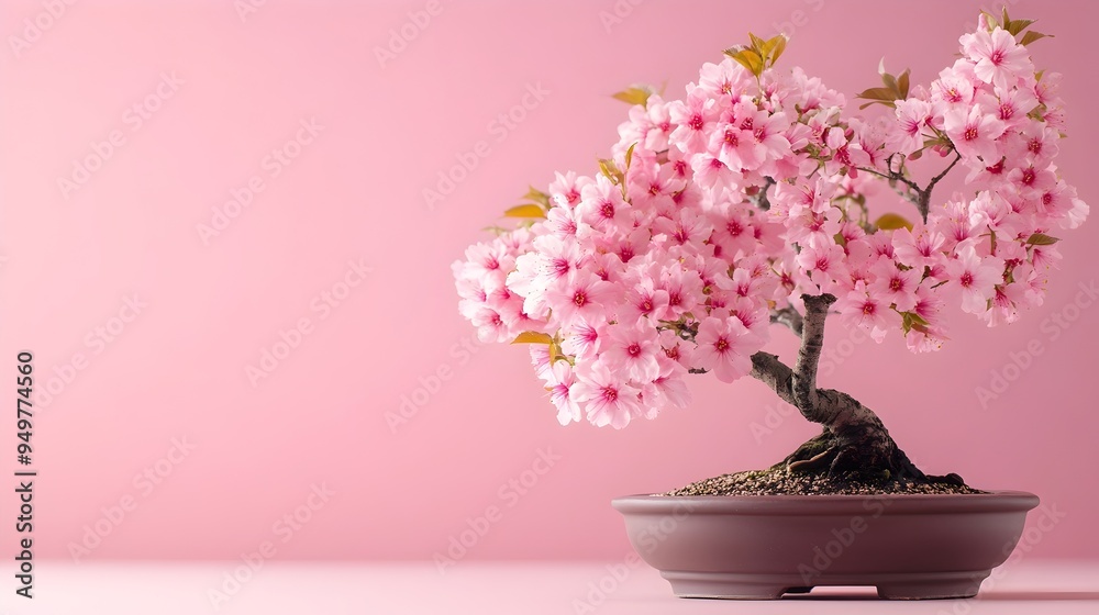 Closeup photograph of a blooming pink cherry blossom bonsai tree with delicate petals and flowers isolated on a plain background with ample copy space for text or design elements Closeup photograph of a blooming pink cherry blossom bonsai tree with delicate petals and flowers isolated on a plain background with ample copy space for text or design elements