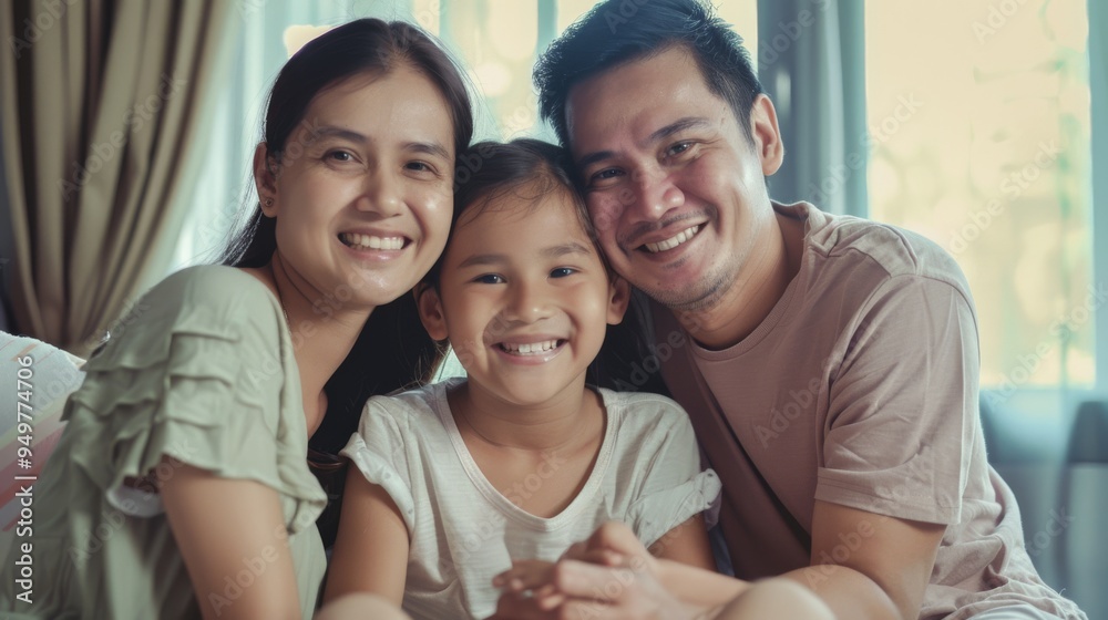 A happy family of three sits together indoors, smiling warmly and exuding affection and unity in a cozy home environment. A happy family of three sits together indoors, smiling warmly and exuding affection and unity in a cozy home environment.