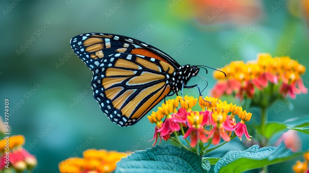 Magnificent Monarch Butterfly Resting on Vibrant Blooming Flower Magnificent Monarch Butterfly Resting on Vibrant Blooming Flower