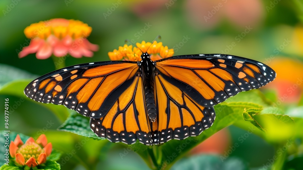 Vibrant Monarch Butterfly Perched on Blooming Flower with Intricate Wing Patterns and Details Vibrant Monarch Butterfly Perched on Blooming Flower with Intricate Wing Patterns and Details