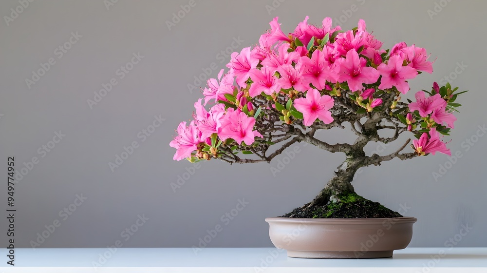 Closeup of a beautiful azalea bonsai tree with bright pink flowers in full bloom isolated on a clean and minimalist background with ample copy space  The image showcases the delicate vibrant
