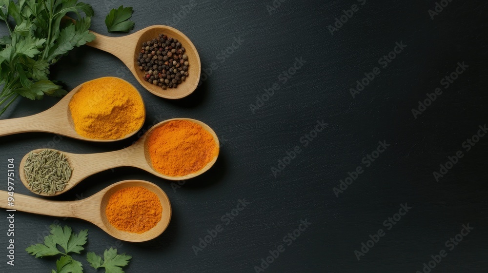 Fototapeta premium Different spices and herbs displayed in wooden spoons on a black table, offering a rich variety for cooking and flavoring dishes in an aesthetically pleasing arrangement