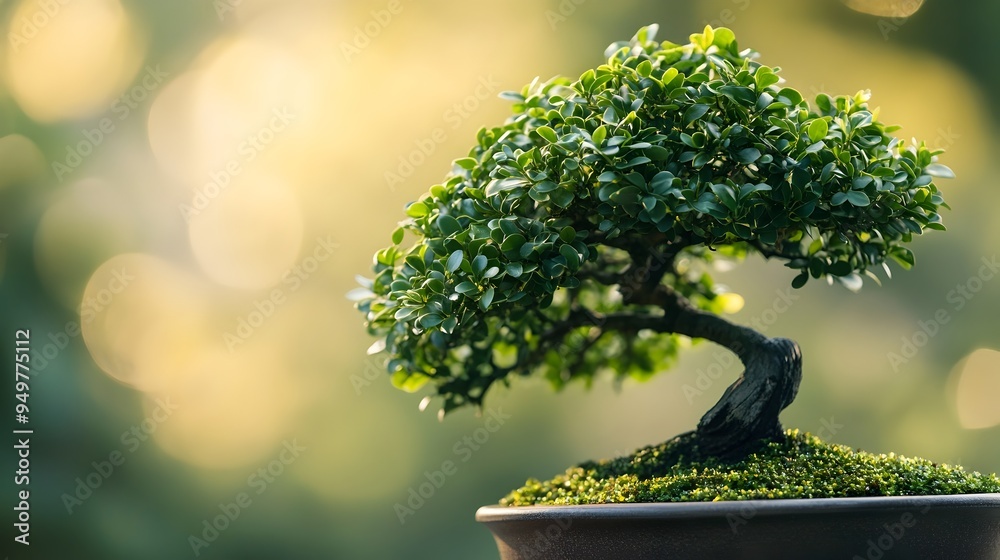 Closeup view of a beautifully maintained boxwood bonsai tree with dense compact foliage and lush vibrant green leaves The bonsai is isolated on a soft blurred background Closeup view of a beautifully maintained boxwood bonsai tree with dense compact foliage and lush vibrant green leaves The bonsai is isolated on a soft blurred background