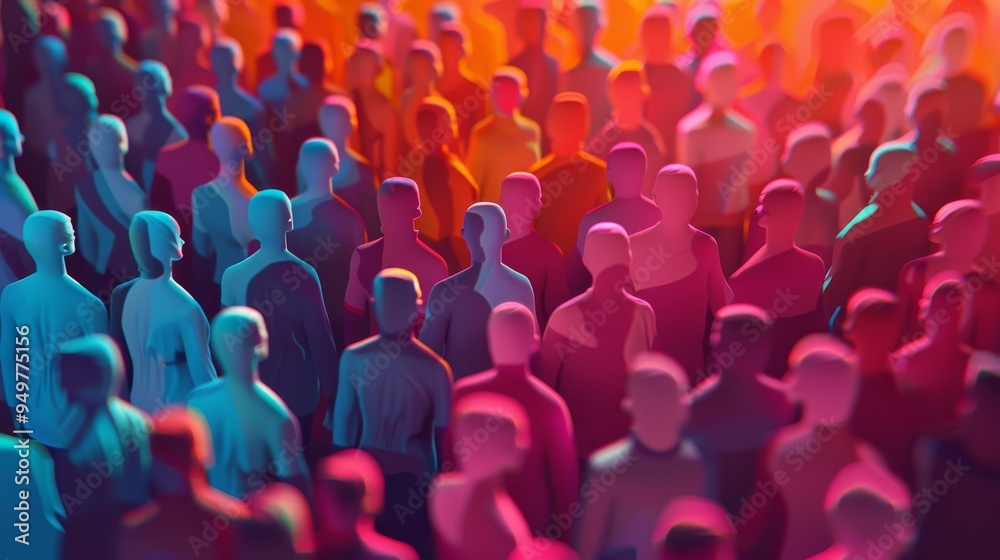 Fototapeta premium A crowd of multicolored 3D-rendered human figures stand together, creating a vibrant, abstract representation of community.