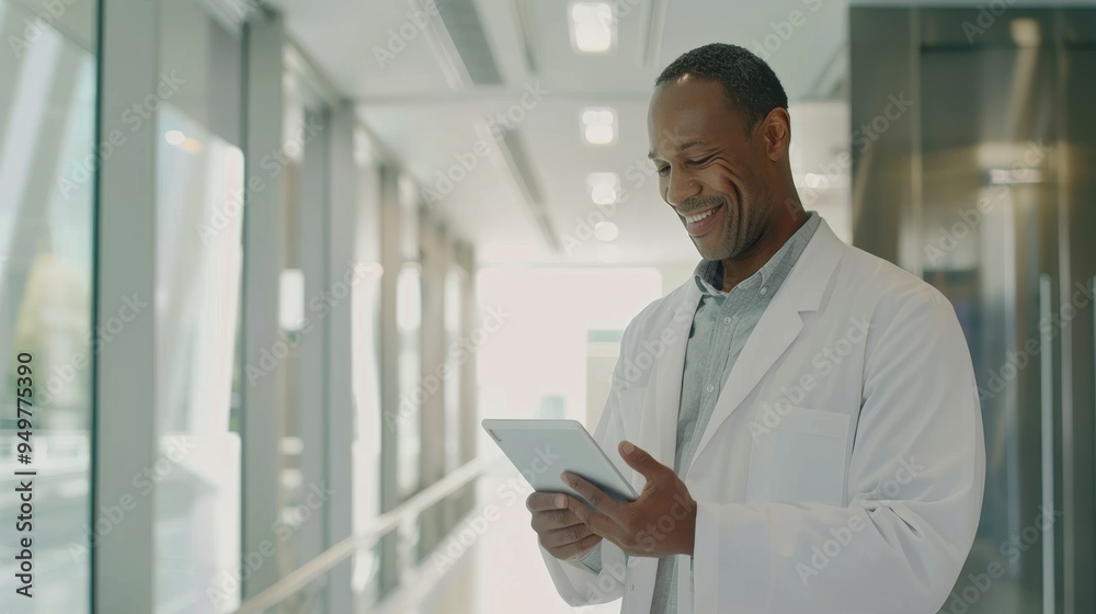 A doctor smiles while interacting with a tablet in a bright, modern hospital corridor, reflecting the integration of technology in healthcare. A doctor smiles while interacting with a tablet in a bright, modern hospital corridor, reflecting the integration of technology in healthcare.