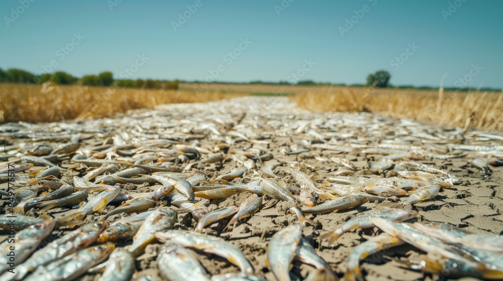 Hundreds of dried fish scattered across a dusty, cracked path, creating a powerful visual of environmental drought and ecological loss. Hundreds of dried fish scattered across a dusty, cracked path, creating a powerful visual of environmental drought and ecological loss.