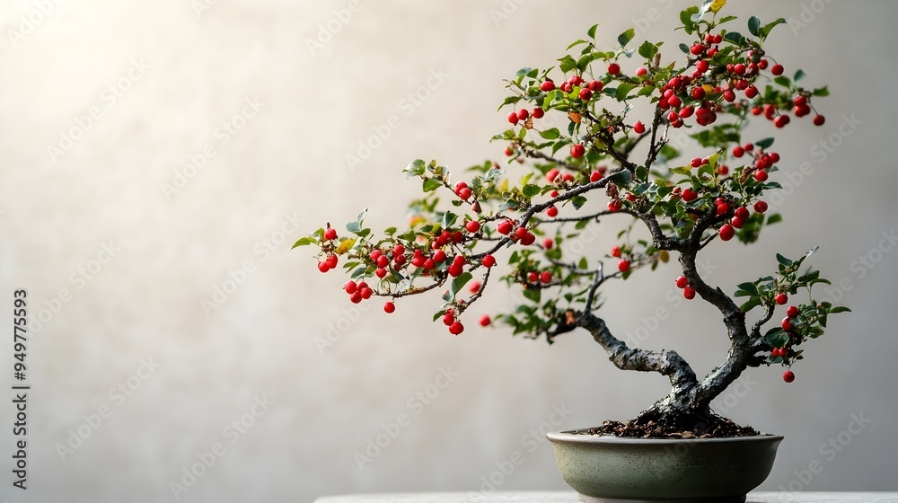 Closeup view of a hawthorn bonsai tree with striking red berries and small green leaves isolated on a plain background with ample copy space Closeup view of a hawthorn bonsai tree with striking red berries and small green leaves isolated on a plain background with ample copy space