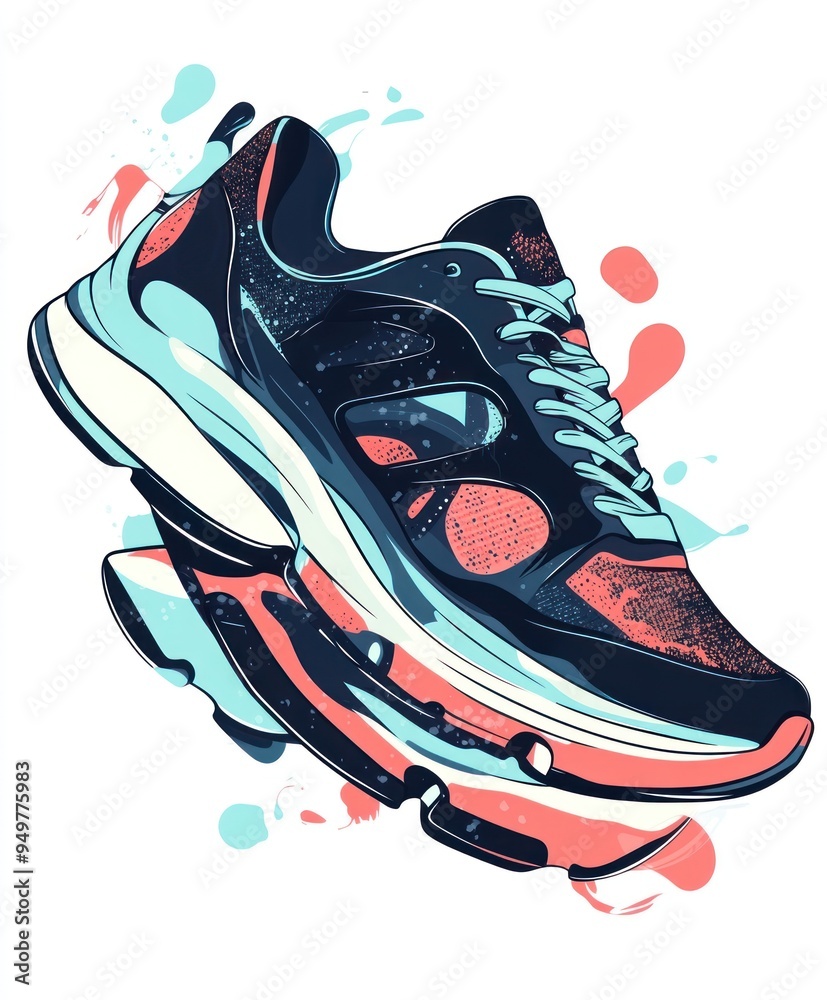 A stylized illustration of a modern sneaker with vibrant colors and dynamic design elements. A stylized illustration of a modern sneaker with vibrant colors and dynamic design elements.