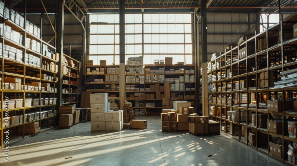 A spacious warehouse filled with stacked boxes and various items under warm, streaming lights, reflecting efficiency and storage management.