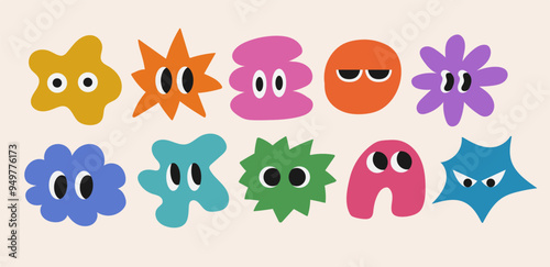 Set of abstract basic shape with big eye. Hand drawn trendy style. Collection character stickers. Faces with various emotions on isolated background