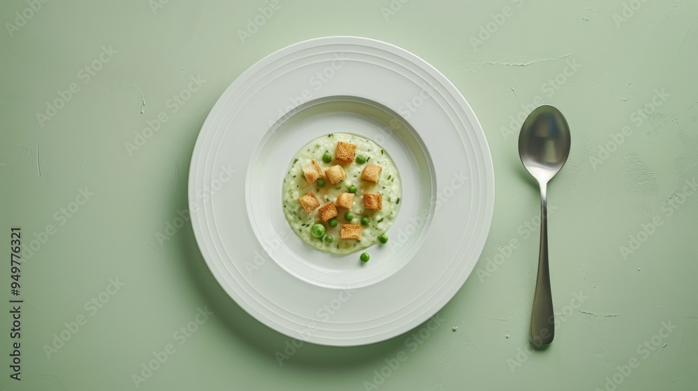 Creamy cucumber soup with croutons on a white porcelain plate Creamy cucumber soup with croutons on a white porcelain plate