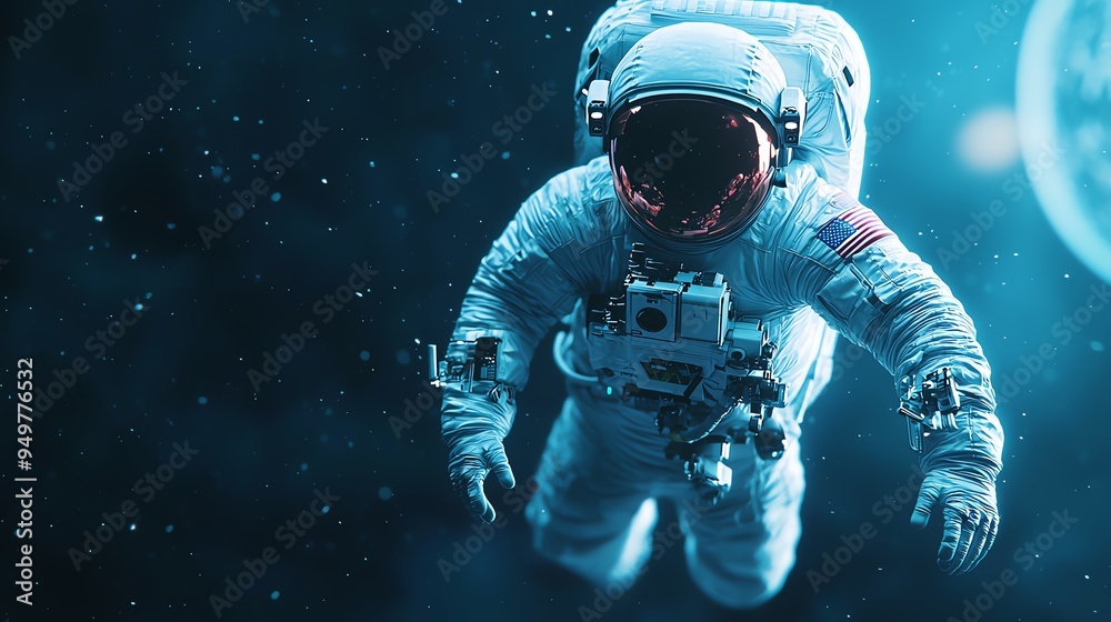 Space exploration, astronaut floating near distant planet, 3D illustration