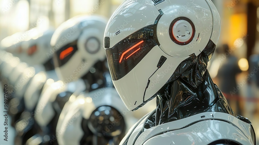 Fototapeta premium High-tech robot with bright eyes and helmet for creative digital designs