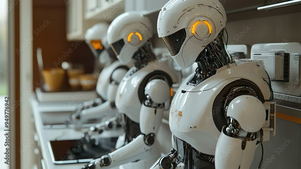 Fototapeta premium High-tech robot with glowing eyes and helmet for dynamic imagery