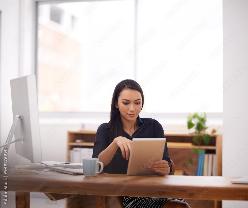 Tablet, app and business woman in office with social media, ebook or email, client and communication. Digital, search or lady entrepreneur online for networking, planning or research on coffee break Tablet, app and business woman in office with social media, ebook or email, client and communication. Digital, search or lady entrepreneur online for networking, planning or research on coffee break