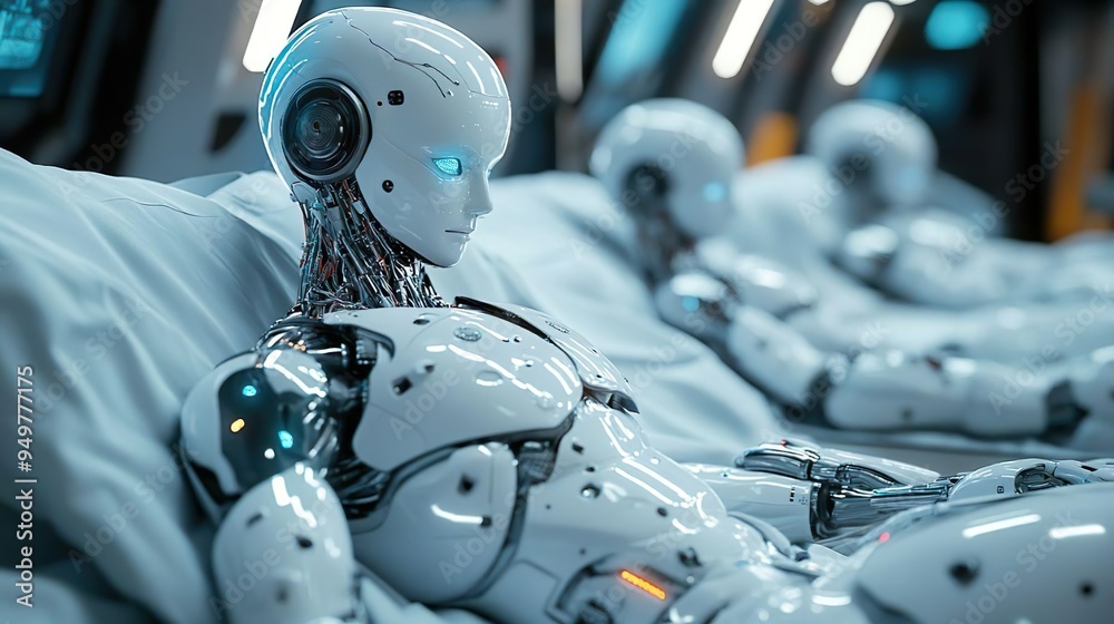 Fototapeta premium Advanced robot with glowing eyes and helmet for futuristic designs