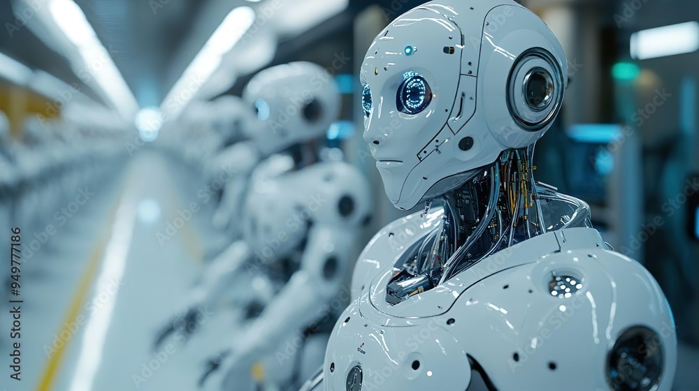 Futuristic robot with glowing eyes and helmet for modern imagery Futuristic robot with glowing eyes and helmet for modern imagery