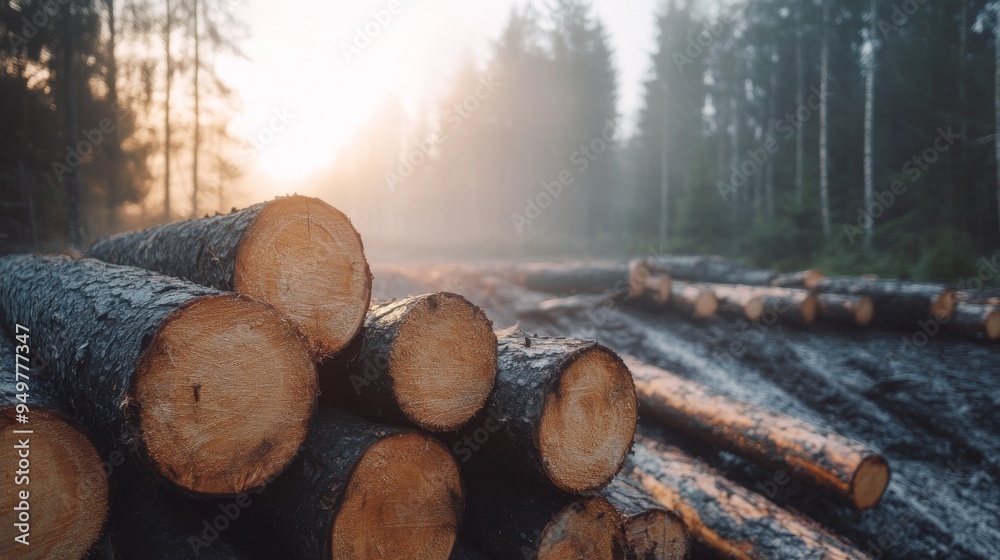 Wooden logs and tree trunks piled in a forest with a misty background.