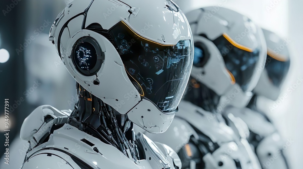 Fototapeta premium Futuristic robot with bright helmet and eyes for dynamic visuals