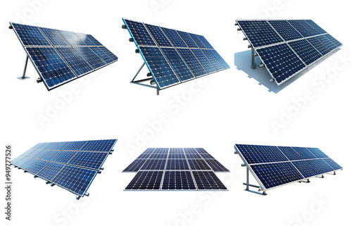 Array of solar panels in different angles isolated on transparent background