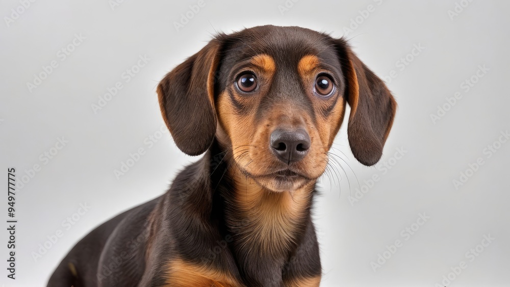 Portrait of Chocolate and tan smooth haired dachshund dog on grey background Portrait of Chocolate and tan smooth haired dachshund dog on grey background