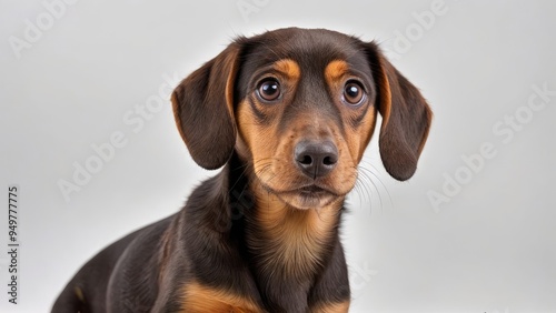 Portrait of Chocolate and tan smooth haired dachshund dog on grey background