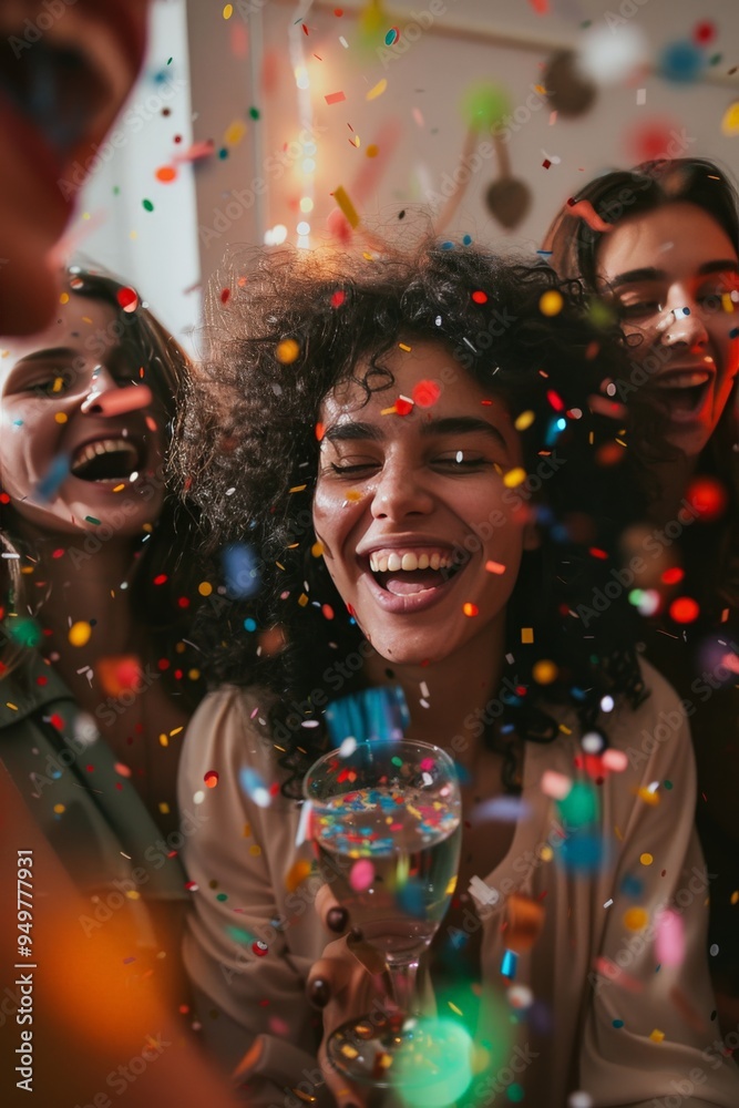 Joyful woman surrounded by friends at a lively party Joyful woman surrounded by friends at a lively party