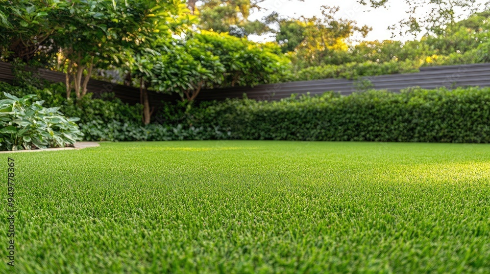 A modern backyard features vibrant green grass, a barbecue area, and a cozy dining space under a large umbrella on a bright sunny day