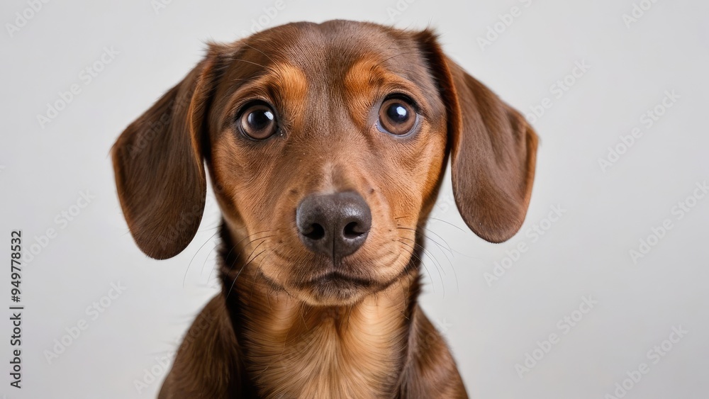 Portrait of Chocolate and tan smooth haired dachshund dog on grey background Portrait of Chocolate and tan smooth haired dachshund dog on grey background