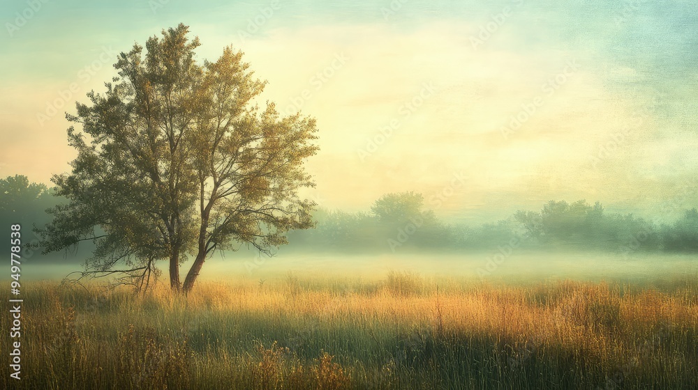 Fototapeta premium Gentle, foggy morning in a quiet meadow, with soft light and muted colors evoking a sense of silent contemplation and serenity.