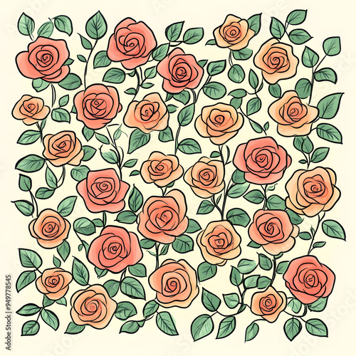 2D illustrator doodle-style floral and leaf graphics on a white background or wallpaper