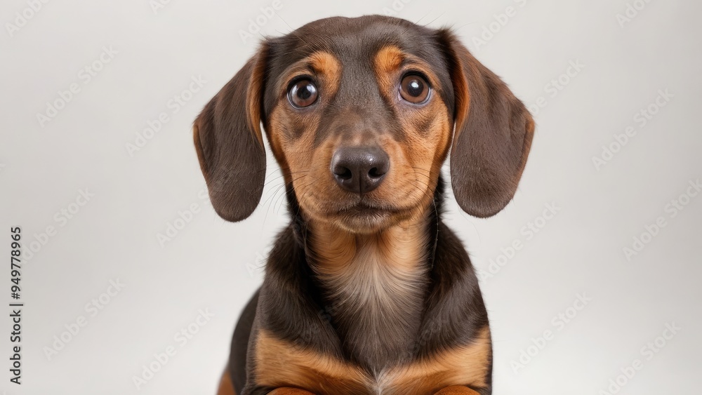 Portrait of Chocolate and tan smooth haired dachshund dog on grey background Portrait of Chocolate and tan smooth haired dachshund dog on grey background