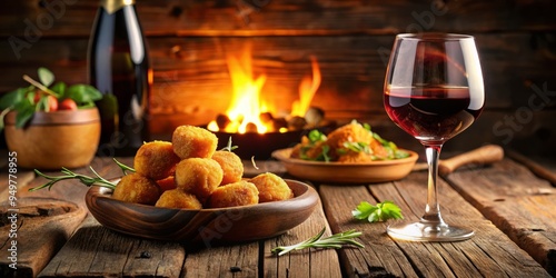 Fiery Tapas Nights: Warm golden lighting on crispy Spanish croquettes, rich red wine, and rustic wooden table, evoking cozy intimate gatherings and savory delightful flavors.