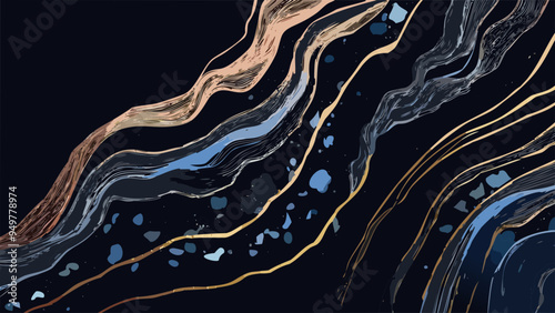 Black marble or opale with gold and blue lines, chic abstract background texture, elegant design painting art vector, mineral world's beauty illustration, flowing dynamic fabric backdrop, space flux