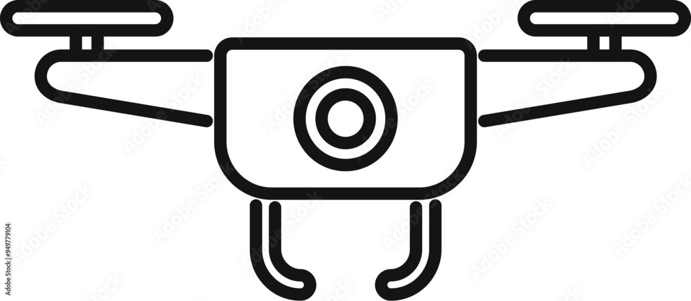 Simple black line drawing of a drone with camera taking aerial footage isolated on a white background