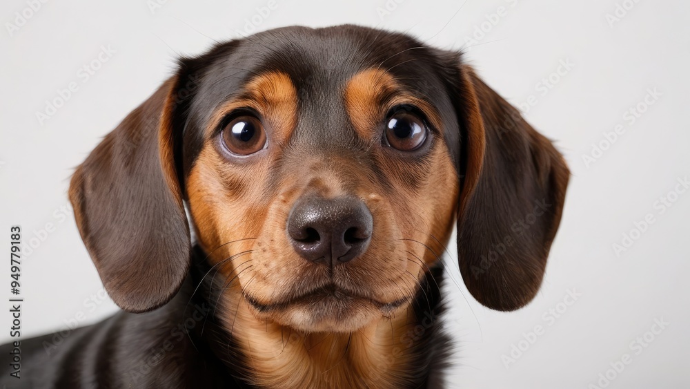 Portrait of Chocolate and tan smooth haired dachshund dog on grey background Portrait of Chocolate and tan smooth haired dachshund dog on grey background