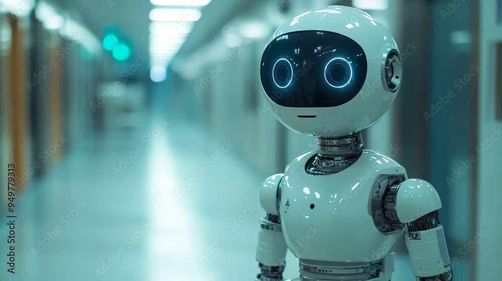 Advanced robot with radiant eyes and helmet for modern tech imagery Advanced robot with radiant eyes and helmet for modern tech imagery