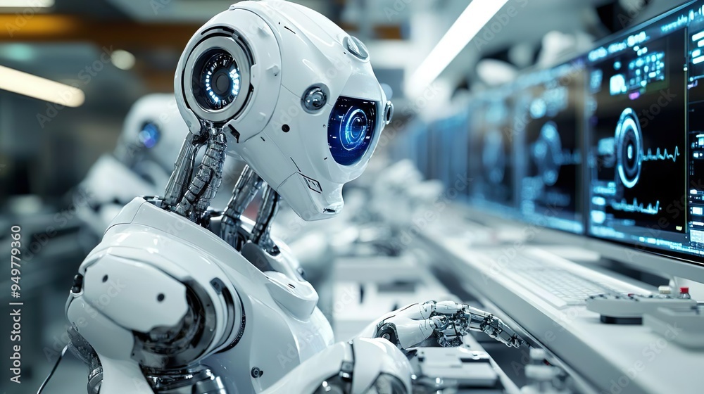 Fototapeta premium Robot with luminous helmet and eyes for creative visual designs