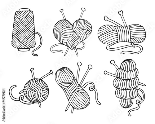 Set of icons on the theme of Knitting, hand-drawn skeins, balls of thread and knitting needles. Black outline on white background