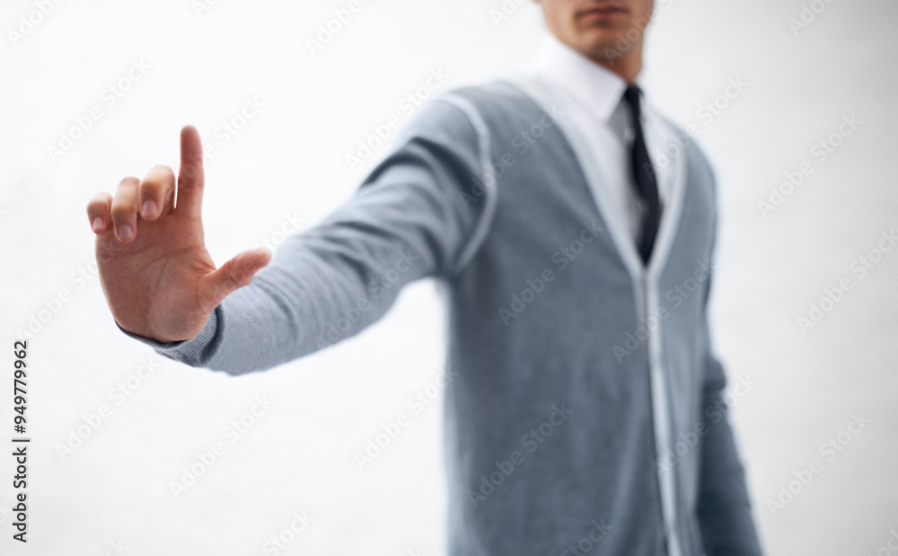 Hand, invisible screen and person for virtual planning, UX and future technology for business app. UI, software and corporate strategy, press or click with scroll on touchscreen on white background Hand, invisible screen and person for virtual planning, UX and future technology for business app. UI, software and corporate strategy, press or click with scroll on touchscreen on white background