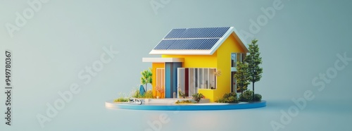 3D rendering of a smart home, a modern house with solar panels and a digital energy virtual reality hologram display on a blue background