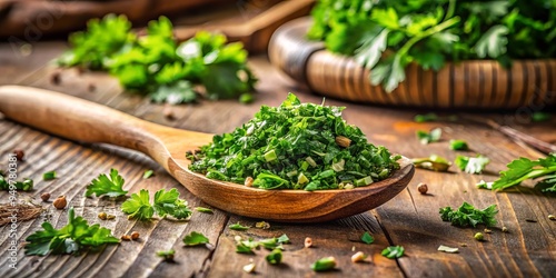 Freshly chopped parsley and garnish mix overflowing from a vintage wooden spoon on a rustic kitchen counter with warm golden light and subtle rustic texture.