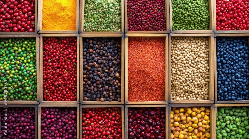 A large assortment of spices in wooden crates showcases a vibrant array of colors, providing an artistic background perfect for culinary themes and creative design A large assortment of spices in wooden crates showcases a vibrant array of colors, providing an artistic background perfect for culinary themes and creative design