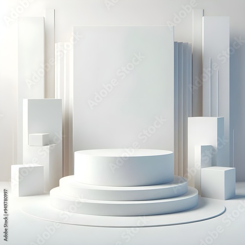 3D white cylindrical podium pedestal background with cube pedestal, Clean empty wall scene. Minimal mockup or abstract product display presentation, Stage showcase. Platforms vector geometric design