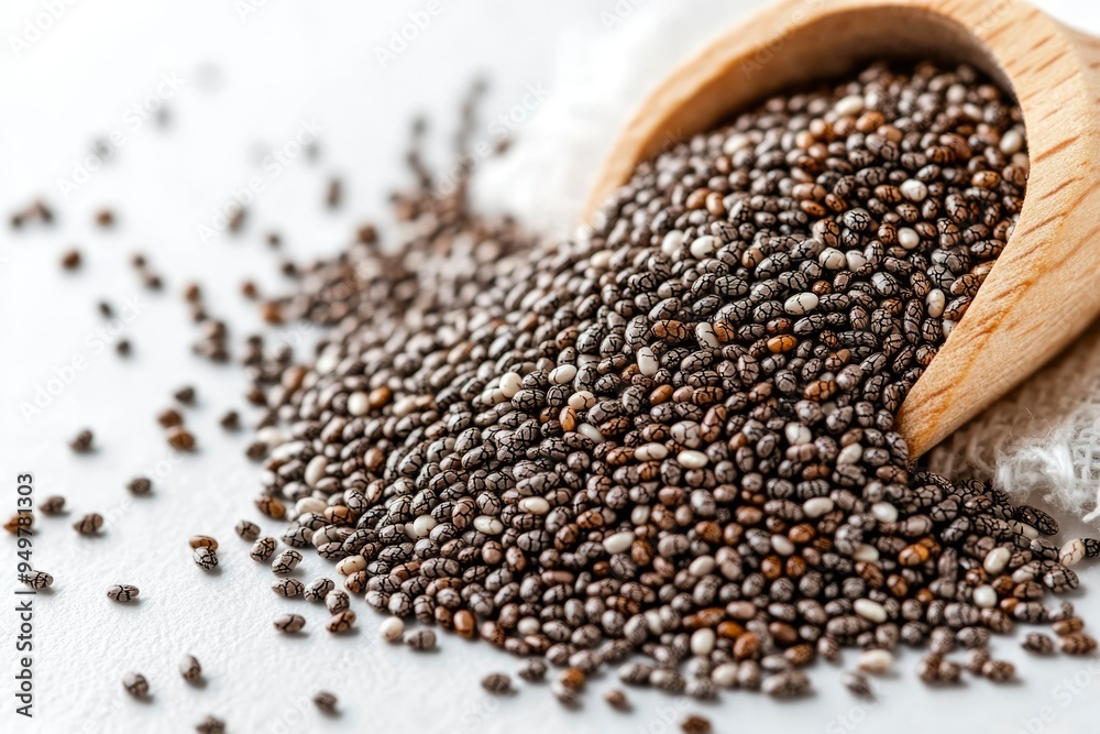 A Close-Up of Chia Seeds Spilled from a Wooden Spoon A Close-Up of Chia Seeds Spilled from a Wooden Spoon