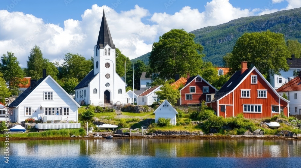 A stunning reflection of a church in a calm lake, surrounded by vibrant greenery and a clear summer sky in Finland A stunning reflection of a church in a calm lake, surrounded by vibrant greenery and a clear summer sky in Finland