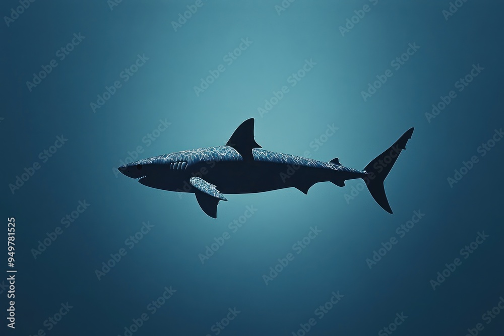 Fototapeta premium A Silhouetted Shark Swimming in Blue Water