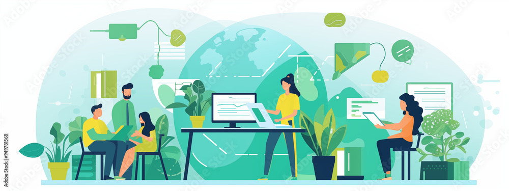 Illustration of Diverse Team Collaborating Around Technology and Nature Illustration of Diverse Team Collaborating Around Technology and Nature