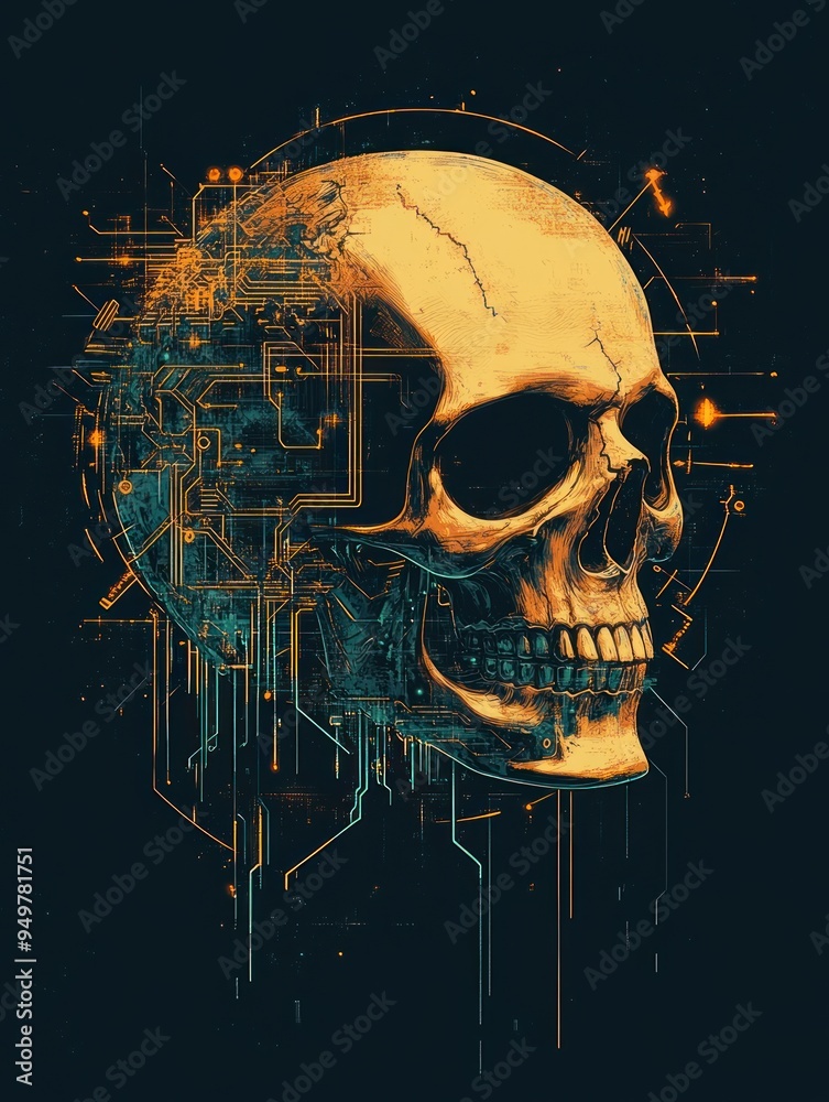 A digital skull illustration with circuit patterns and glowing elements, merging technology and anatomy.