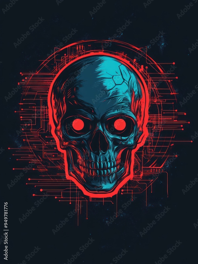 A stylized digital skull with glowing red eyes, set against a dark, tech-inspired background. A stylized digital skull with glowing red eyes, set against a dark, tech-inspired background.